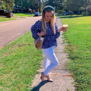 Blue Printed Bubble Sleeve Blouse